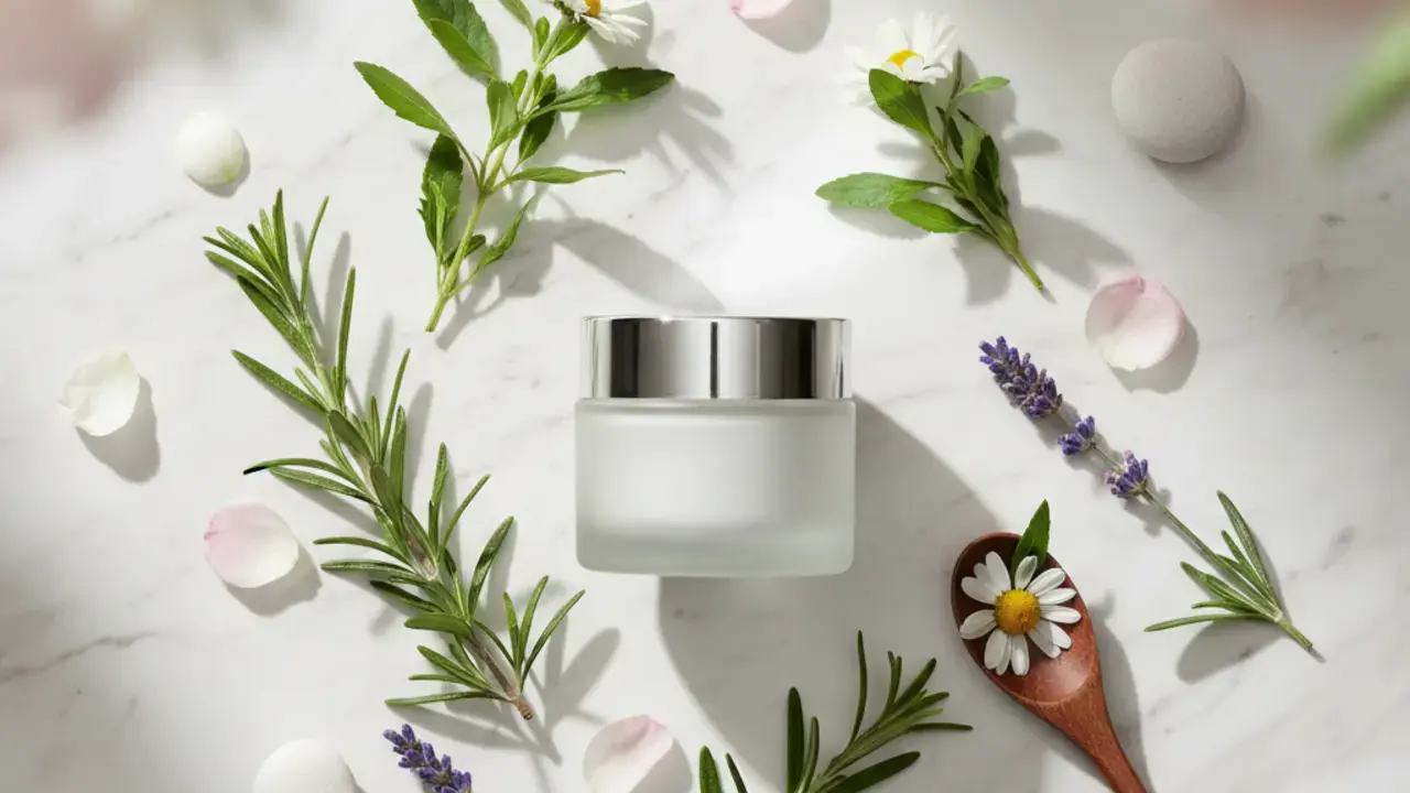Diversos cremes e extratos vegetais, representando alternativas não invasivas como fitoterapia e cremes para a saúde e rejuvenescimento íntimo.