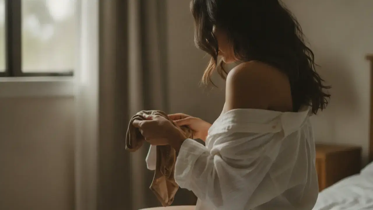 Mulher pensativa olhando para baixo, simbolizando a insegurança feminina com a aparência íntima e a autoestima afetada, um motivo para buscar a ninfoplastia.