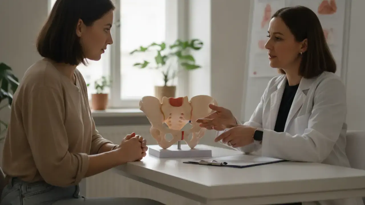 Paciente em consulta com ginecologista, discutindo ninfoplastia e saúde íntima feminina com clareza e acolhimento.