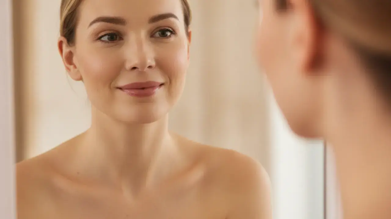 Mulher sorrindo e confiante olhando no espelho, simbolizando autoestima e bem-estar feminino em relação à estética íntima.
